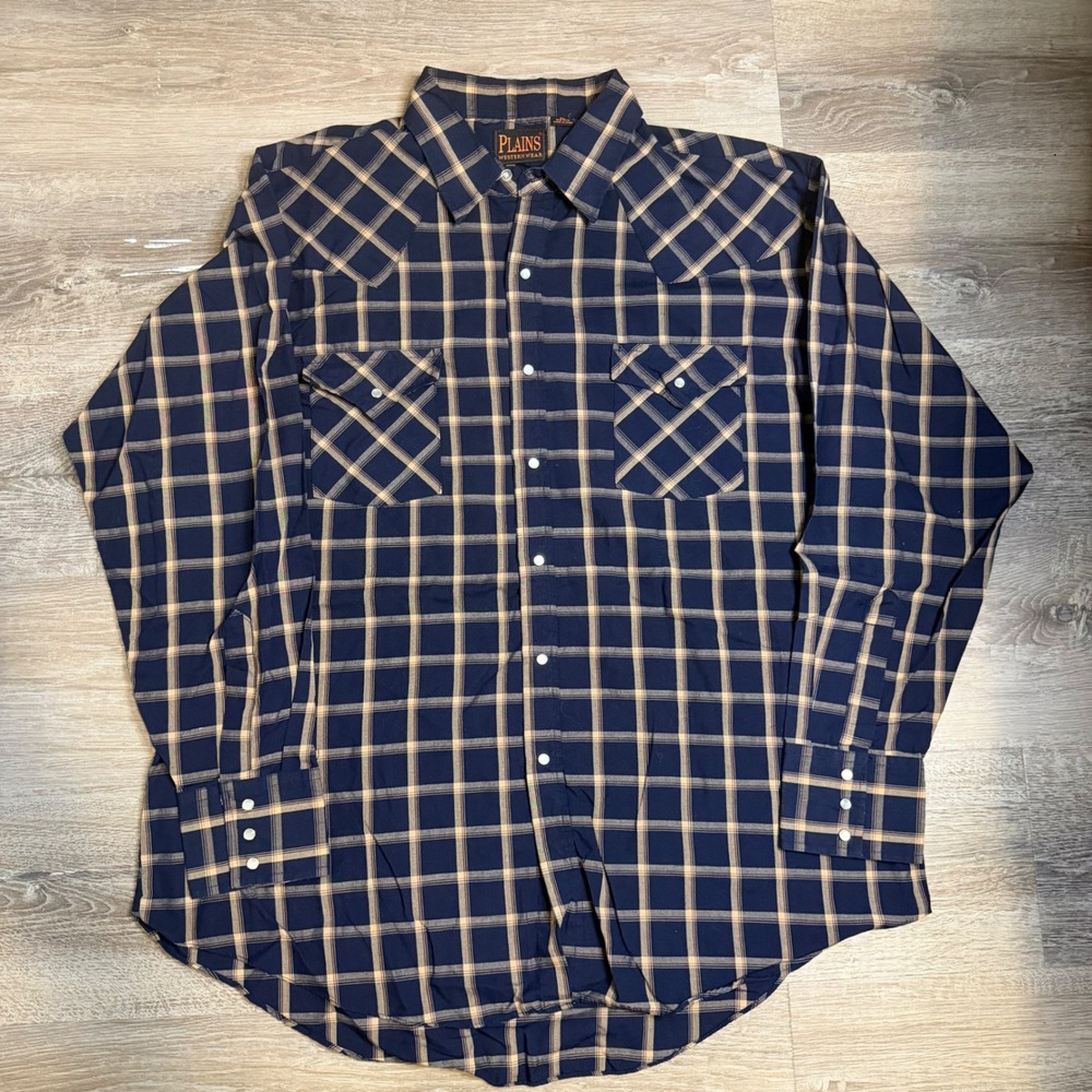 Plains Western Wear Mens XL Navy Blue Tan Plaid Pearl Snap Long Sleeve Shirt